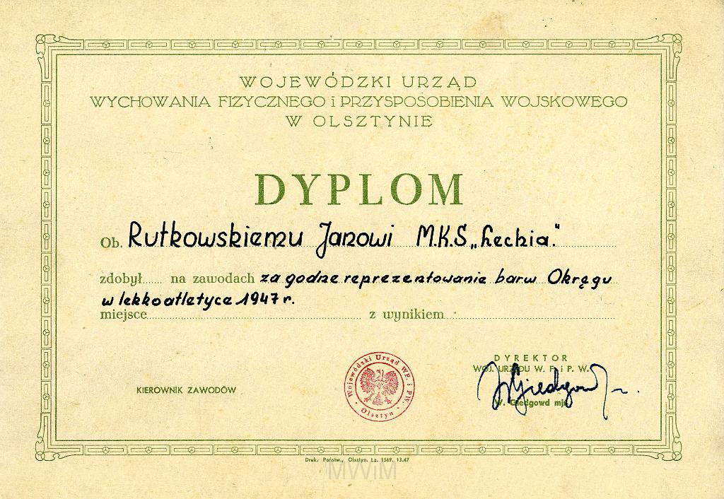 KKE 3215.jpg - Dyplom, Jana Rutkowskiego za godną reprezentacje barw okregu, Olsztyn, 1947 r.